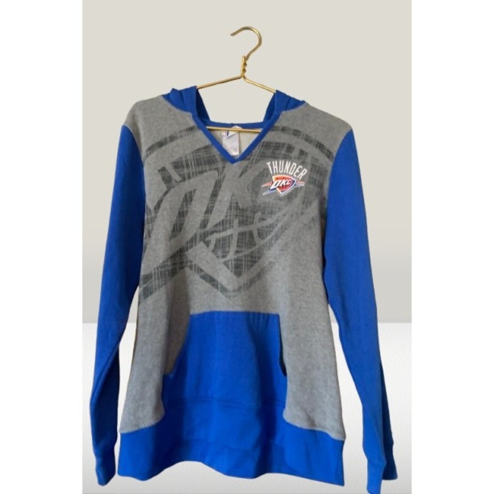 NBA Oklahoma‎ City Thunder Hoodie Gray Blue Long Sleeve V Neck Pocket XL